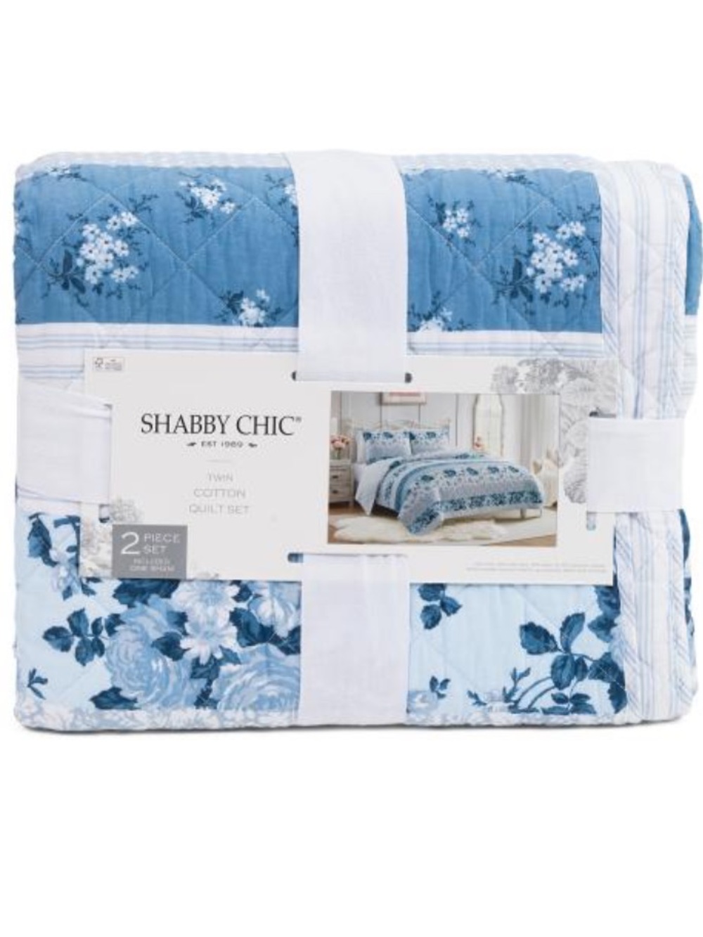 Shabby Chic Blue and White Cotton Quilt Set